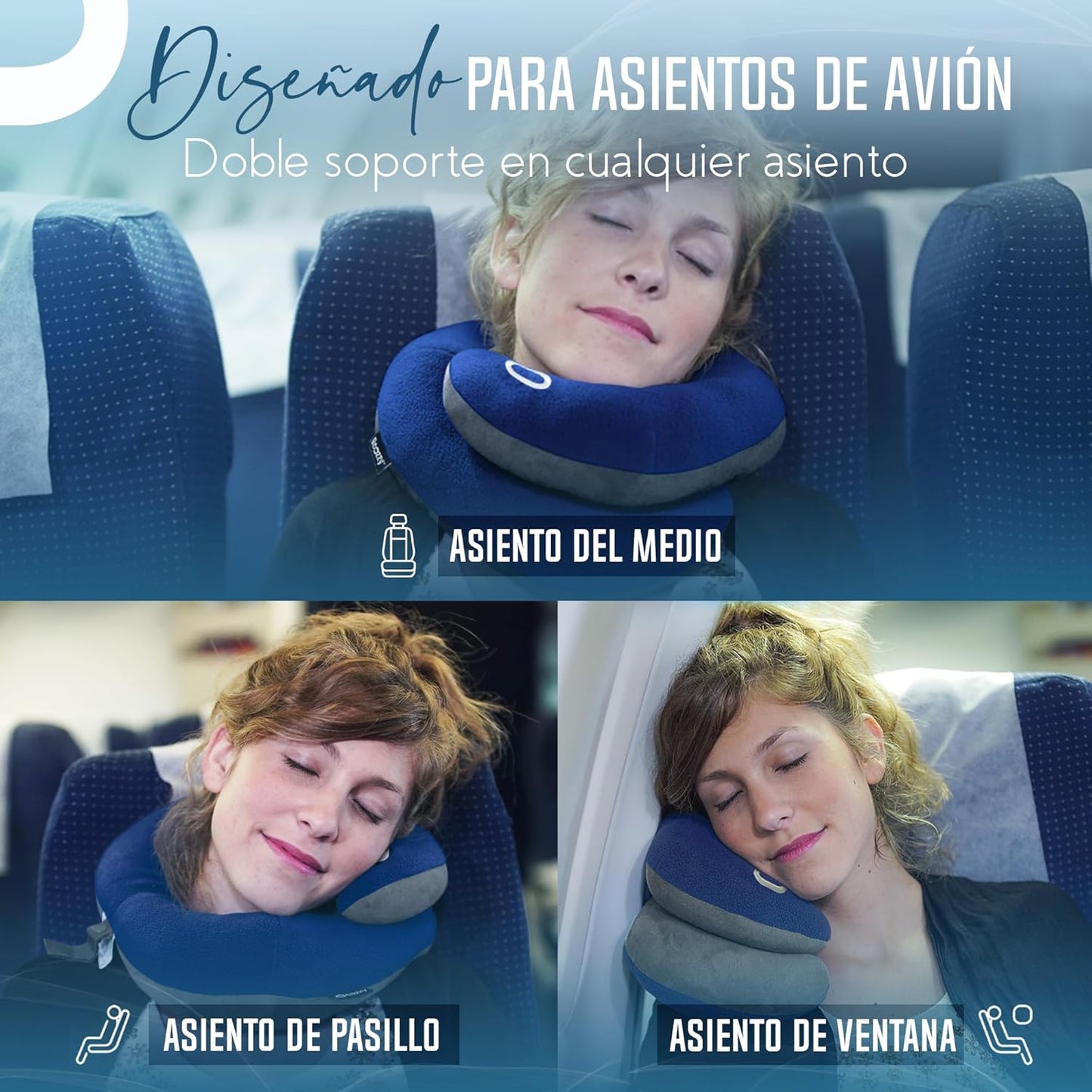 La Almohada Para El Cuello Para Viajes Brinda Doble Soporte Para La Cabeza, El Cuello Y La Barbilla En Cualquier Oosición Para Dormir En Vuelos, Suave, Cómoda, Tamaño Large, Azul Marino